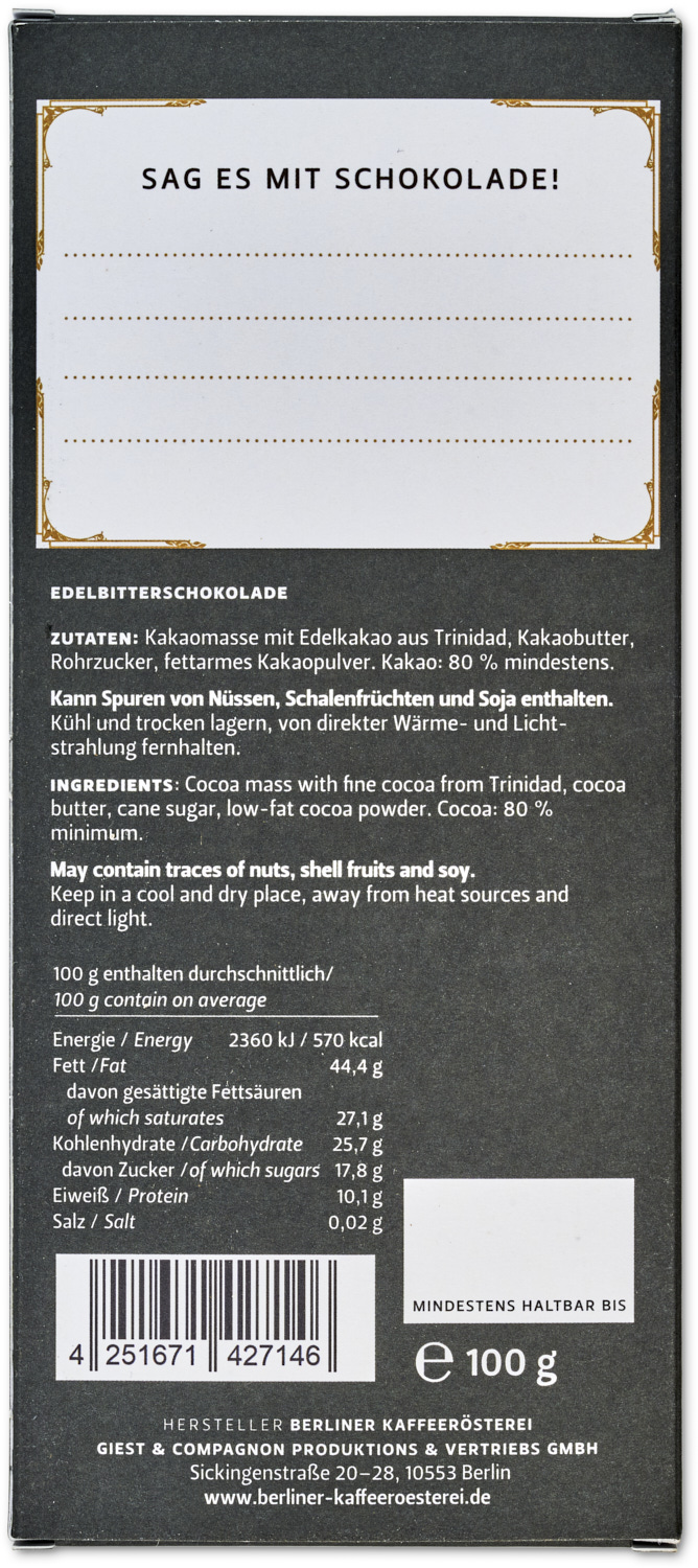 Weihnachtstafel zum Beschriften - Süße Grüße aus Berlin (Edelbitter 80 %) Weihnachtstafel zum Beschriften - Süße Grüße aus Berlin (Edelbitter 80 %)