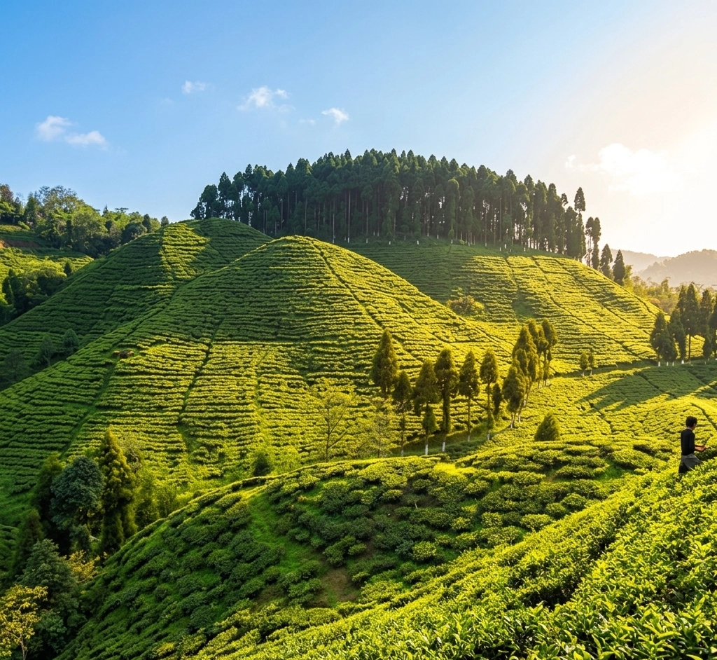 Weitläufige, leuchtend grüne Teeplantagen bedecken sanfte Hügel unter blauem Himmel, mit einzelnen Bäumen und einer Baumreihe auf dem Hügelkamm, während Sonnenlicht die Landschaft warm beleuchtet.