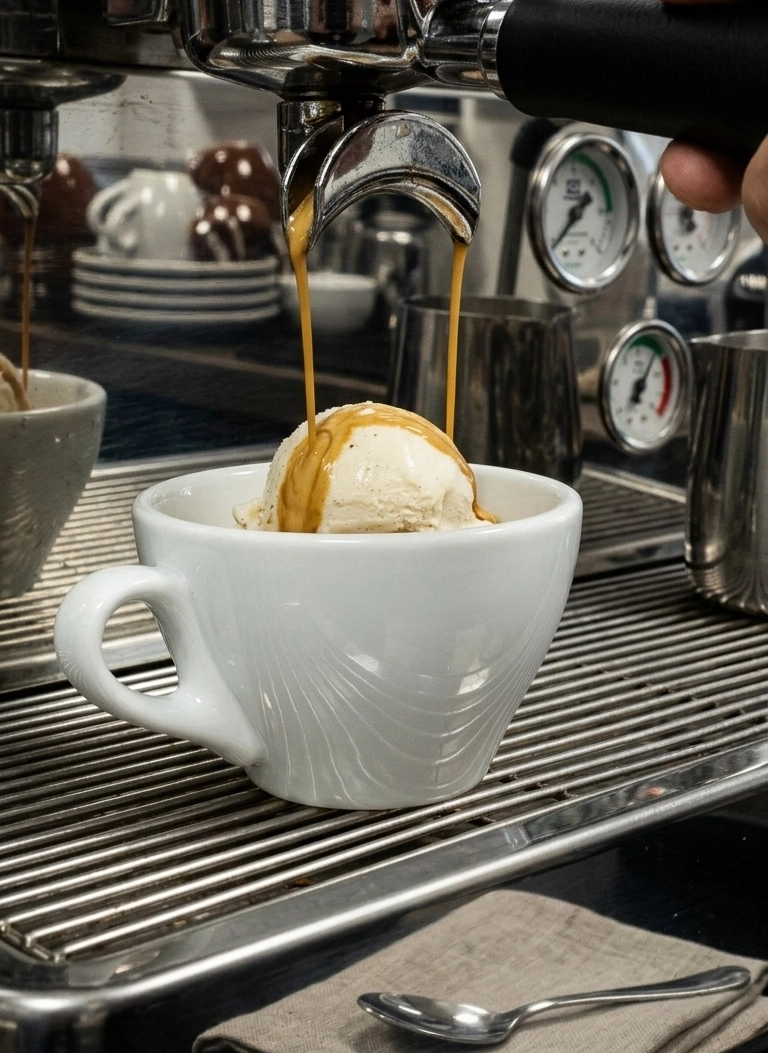 Affogato in der Espressomaschine beim Espresso ziehen