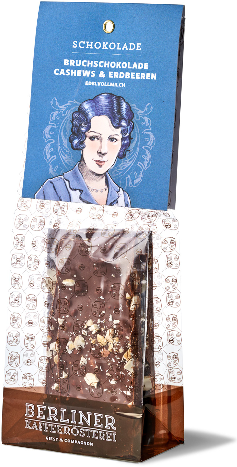 BKR - Edelvollmilch-Bruchschokolade mit Cashews und Erdbeeren BKR - Edelvollmilch-Bruchschokolade mit Cashews und Erdbeeren