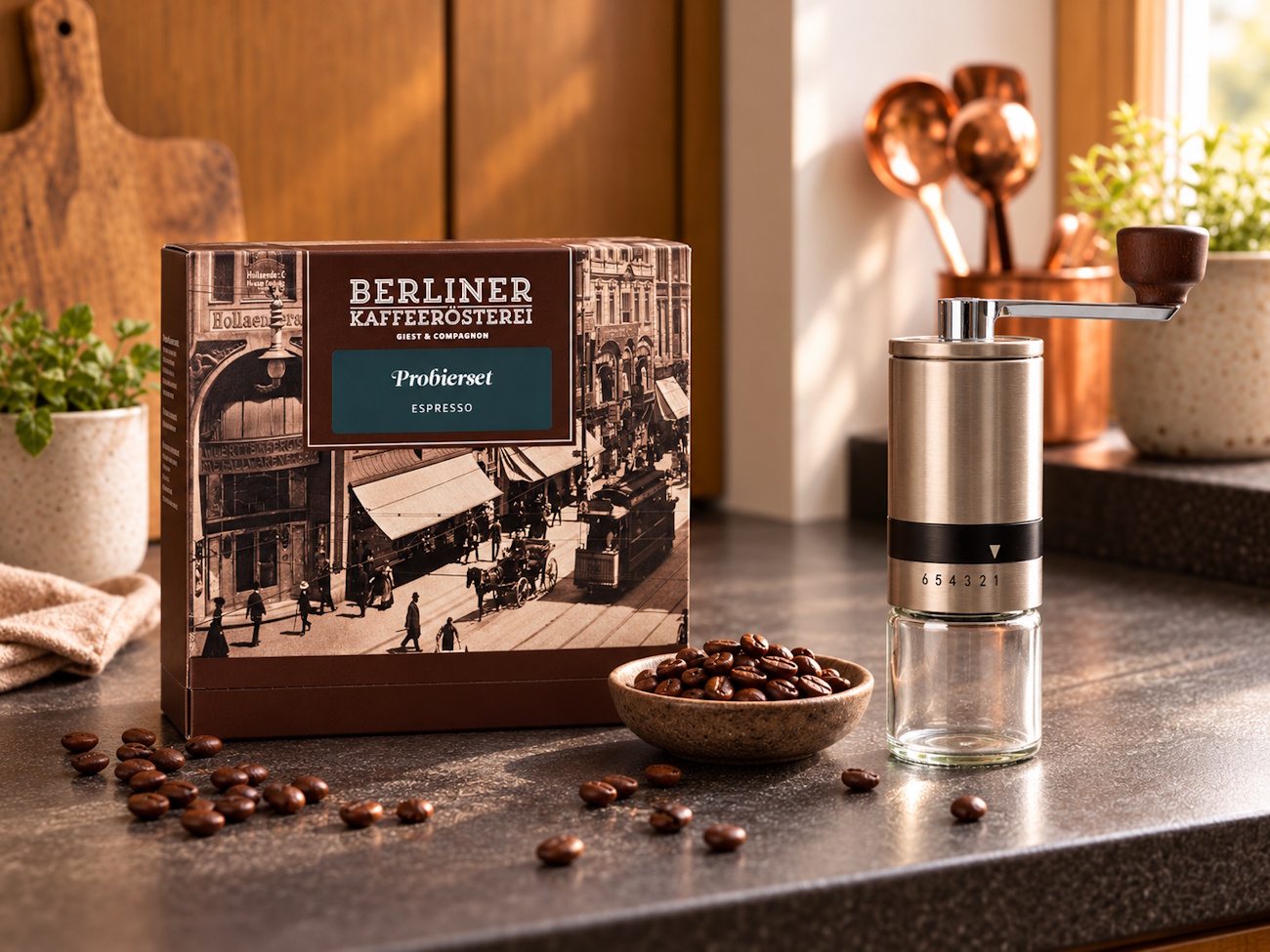 Probierset Espresso (8x75g / ganze Bohne) + Kaffee-Handmühle Äthiopien