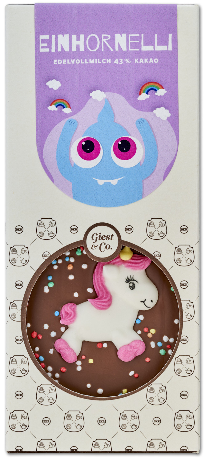"Einhornelli" mit Einhorn, Regenbogen und bunten Streuseln (Vollmilch) "Einhornelli" mit Einhorn, Regenbogen und bunten Streuseln (Vollmilch)
