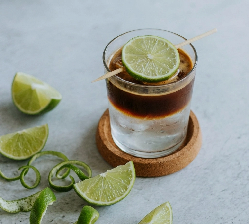 Sparkling Lime Americano im Glas auf Korkuntersetzer, garniert mit einer Limettenscheibe auf Holzspieß, umgeben von Limettenspalten und Limettenspiralen auf hellem Untergrund.