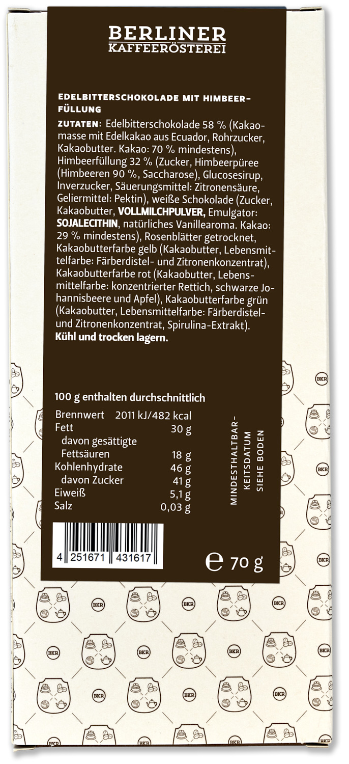 Tafel gefüllt - Himbeerfüllung - Rosenblätter,weiße Herzchen - Zartbitter - Nr. 110