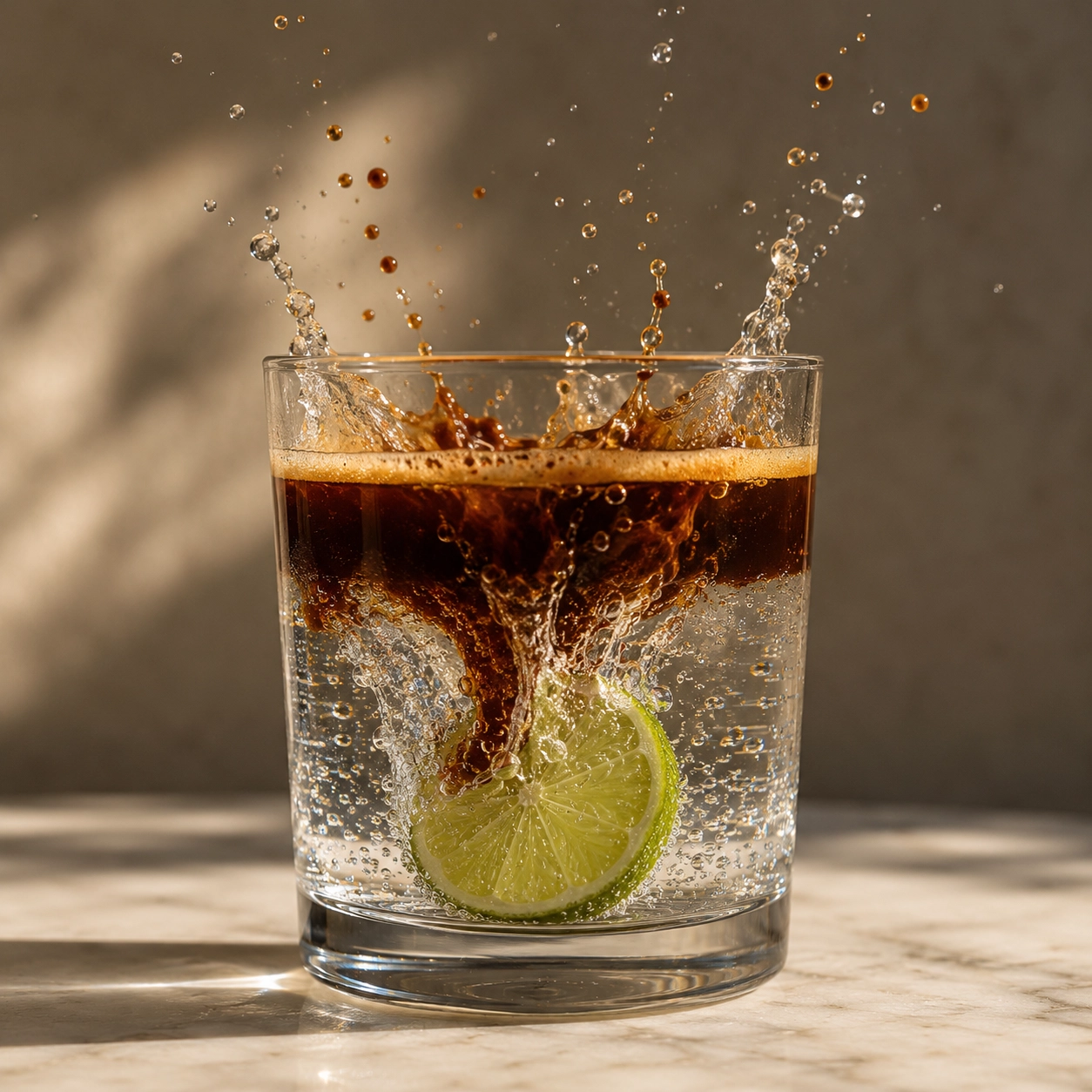 Espresso prallt mit Splash-Effekt in ein Glas mit Mineralwasser und Limettenscheibe, Kaffeestropfen spritzen nach oben, warmes Gegenlicht auf hellem Marmoruntergrund.