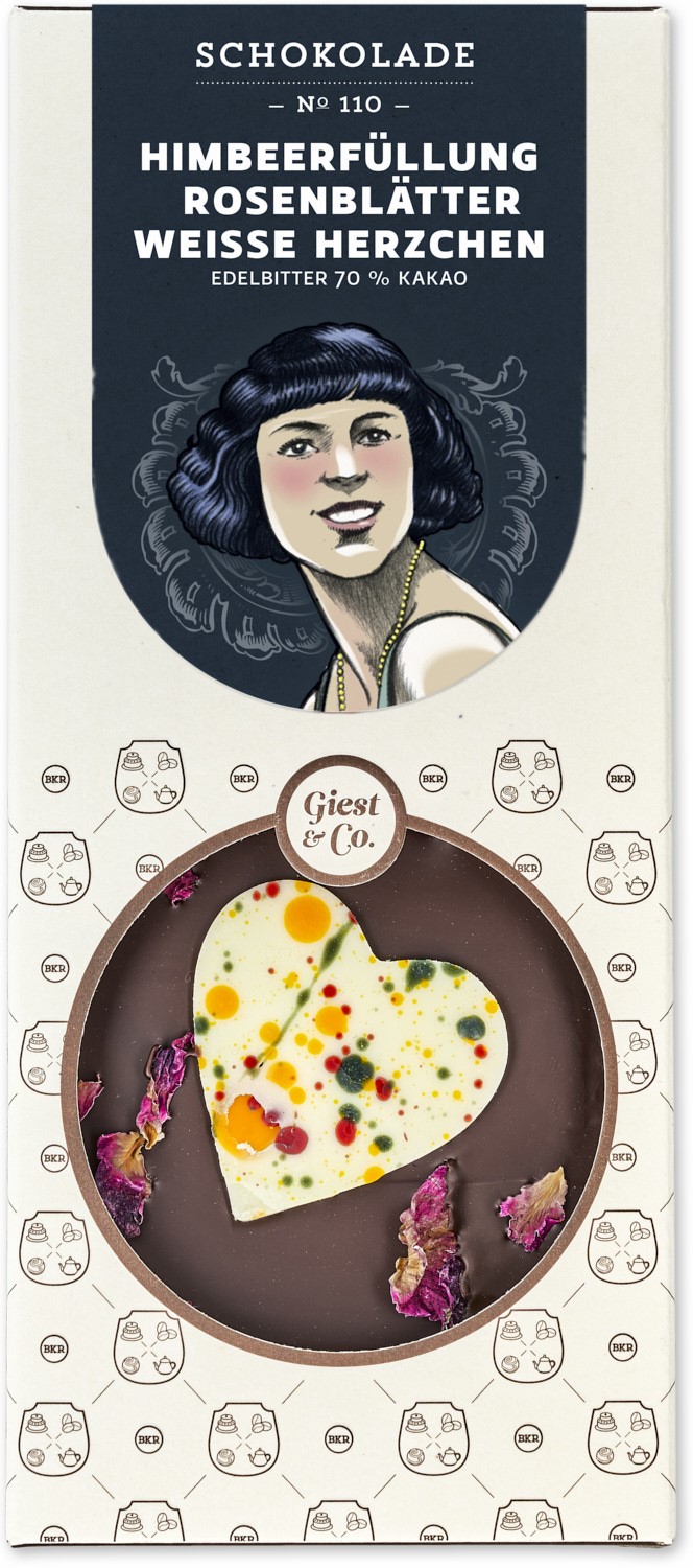 Tafel gefüllt - Himbeerfüllung - Rosenblätter,weiße Herzchen - Zartbitter - Nr. 110 Tafel gefüllt - Himbeerfüllung - Rosenblätter,weiße Herzchen - Zartbitter - Nr. 110