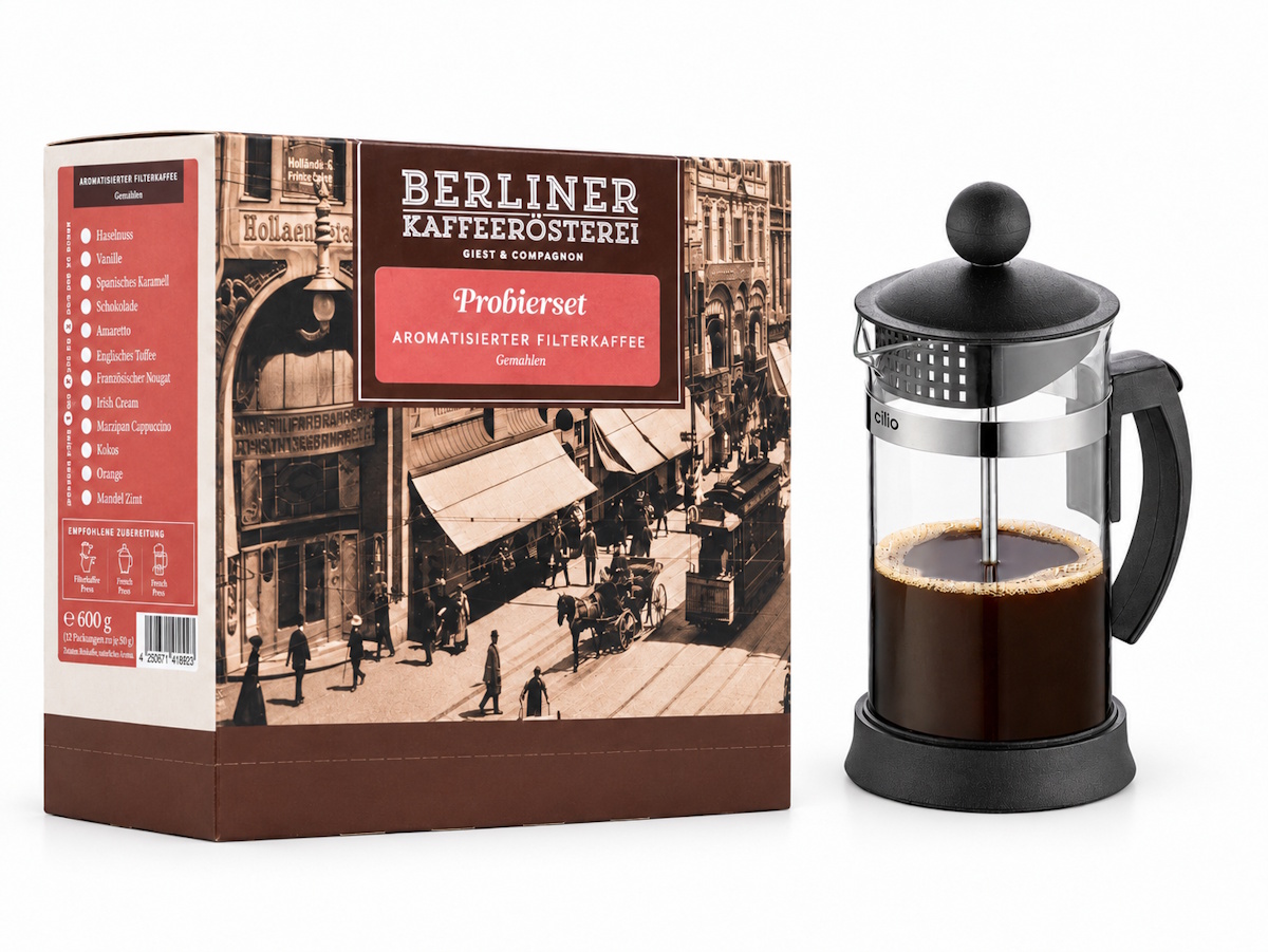 Probierset Aromatisierter Filterkaffee (12x50g / gemahlen) + Cilio Kaffeebereiter Mariella schwarz 3