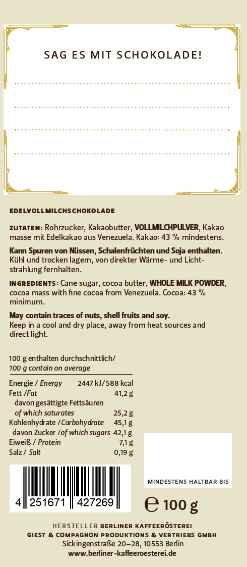 Süße Grüße aus Berlin - Schokoladentafel zum Beschriften (43 %)