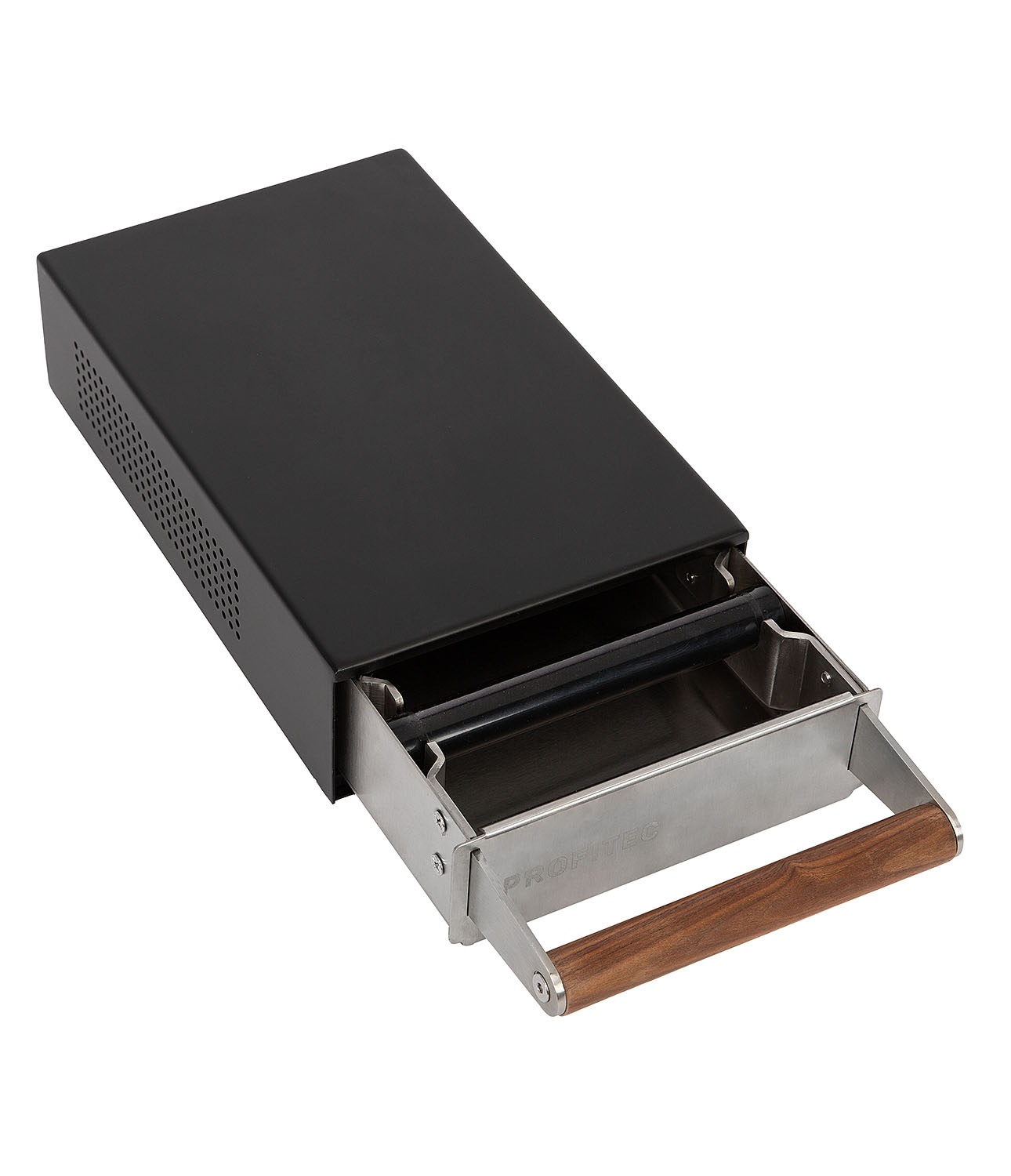 Profitec - Abschlagkasten Sudschublade, schwarz mit Holzgriff 160mm breit