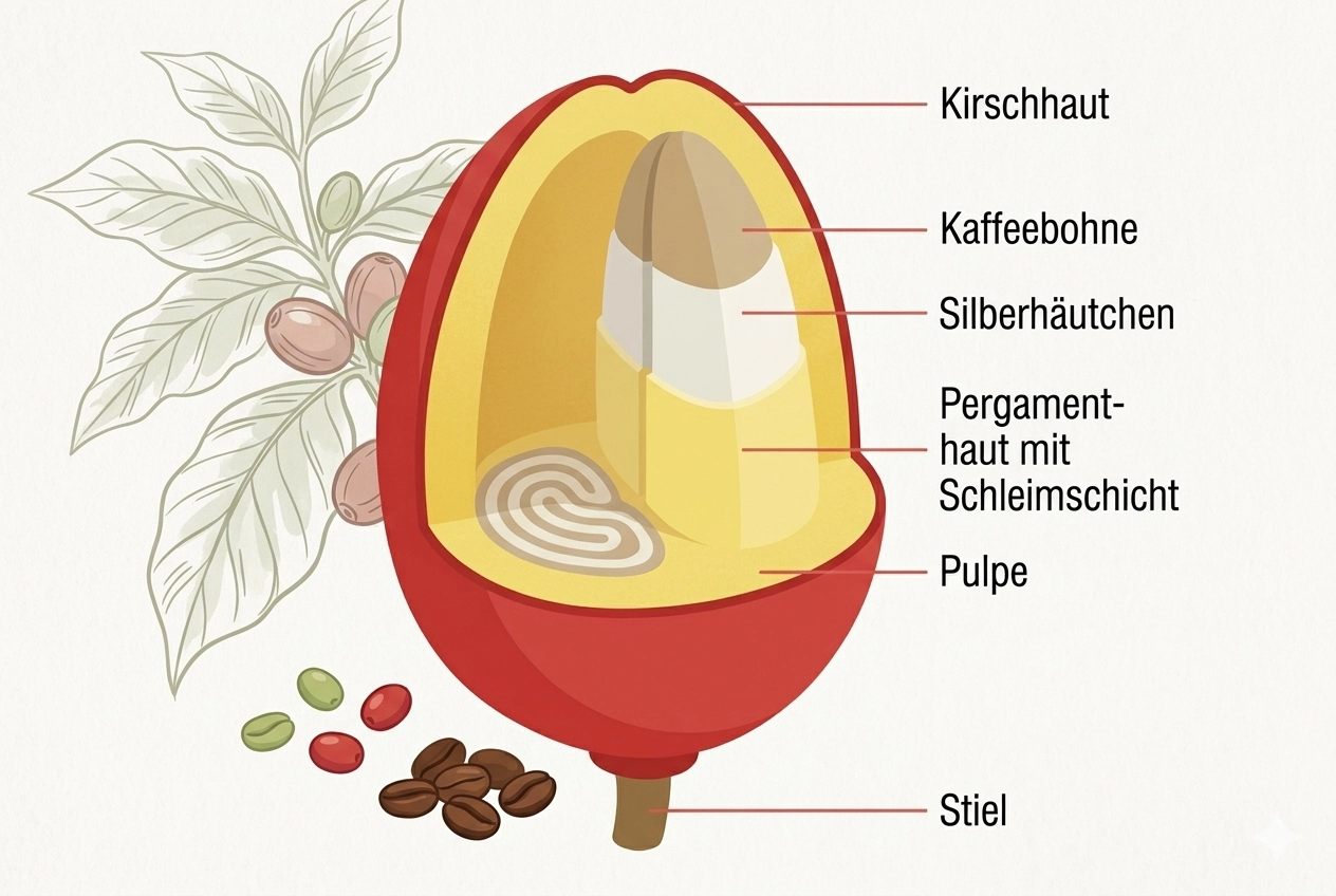 Der Aufbau einer Kaffeebohne unterteilt in die Bestandteile