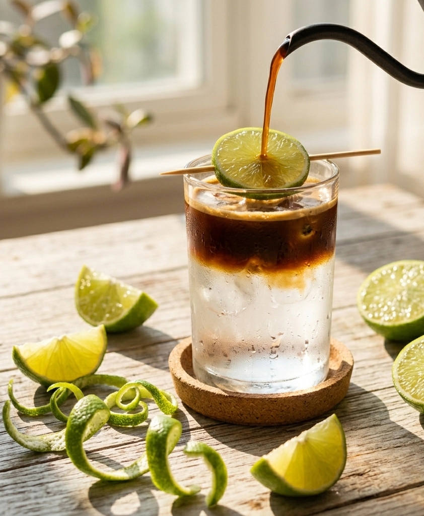 Espresso wird aus einer schwarzen Kanne in ein Glas mit Eiswürfeln und Limettenscheibe auf Korkuntersetzer gegossen, umgeben von Limettenspalten und Limettenspiralen auf rustikalem Holztisch im Sonnenlicht.