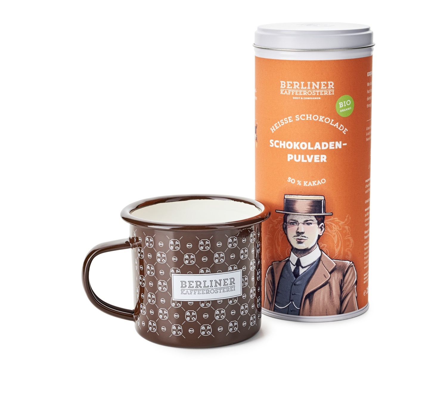 BKR Emaille Tasse mit 250g Schokoladenpulver 50% in Doppeldeckeldose BKR Emaille Tasse mit 250g Schokoladenpulver 50% in Doppeldeckeldose
