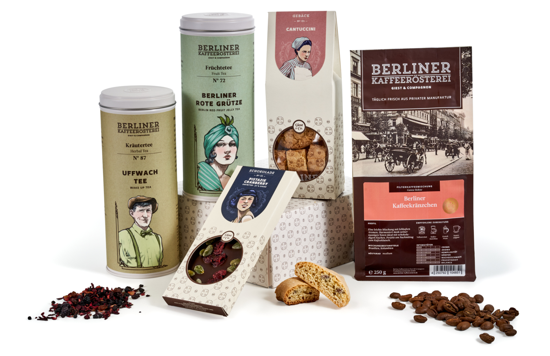 Geschenkset - Berliner Delikatessen mit Kaffee, Tee, Schokolade und Gebäck Geschenkset - Berliner Delikatessen mit Kaffee, Tee, Schokolade und Gebäck