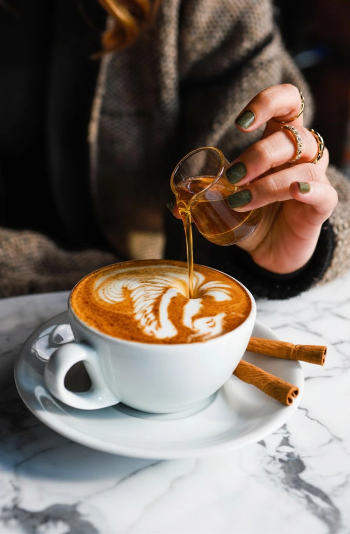 Cappuccino mit Schwan Latte Art mit Zimt auf einem Marmor Tisch