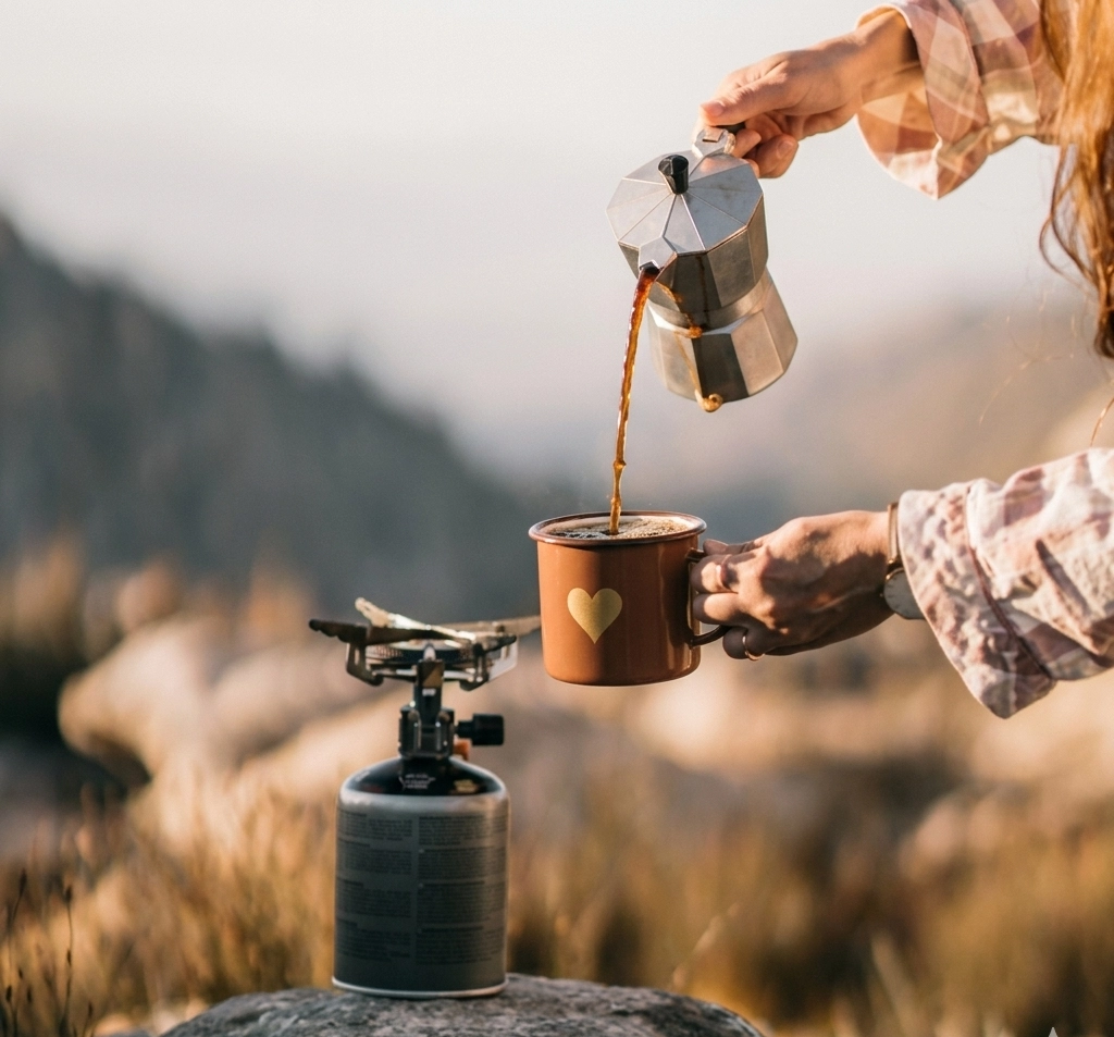 Eine Person gießt frisch gebrühten Kaffee aus einer kleinen Metall-Espressokanne in eine braune Tasse mit Herzsymbol, die auf einem Campingkocher in einer bergigen Landschaft steht.