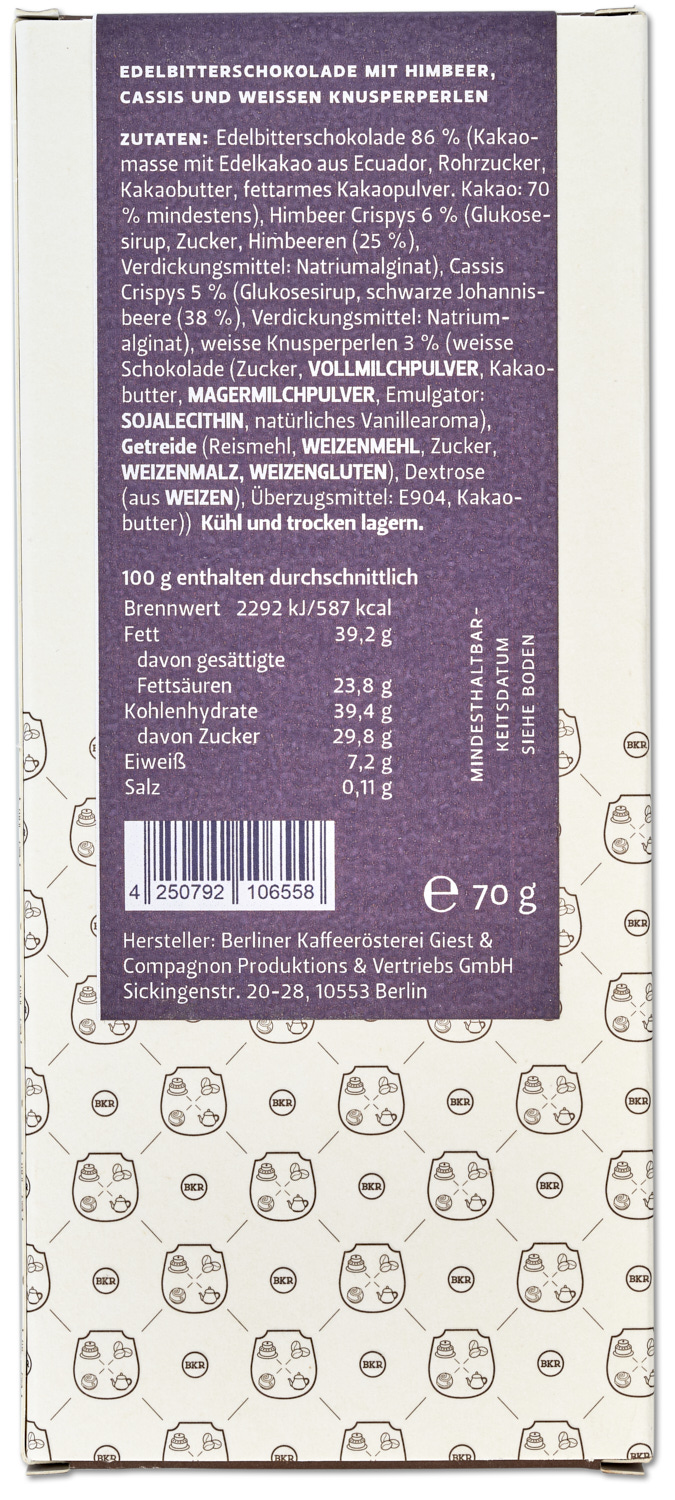 Tafel - Cassis Himbeer Knusperperle - Zartbitter - Nr. 31 Tafel - Cassis Himbeer Knusperperle - Zartbitter - Nr. 31