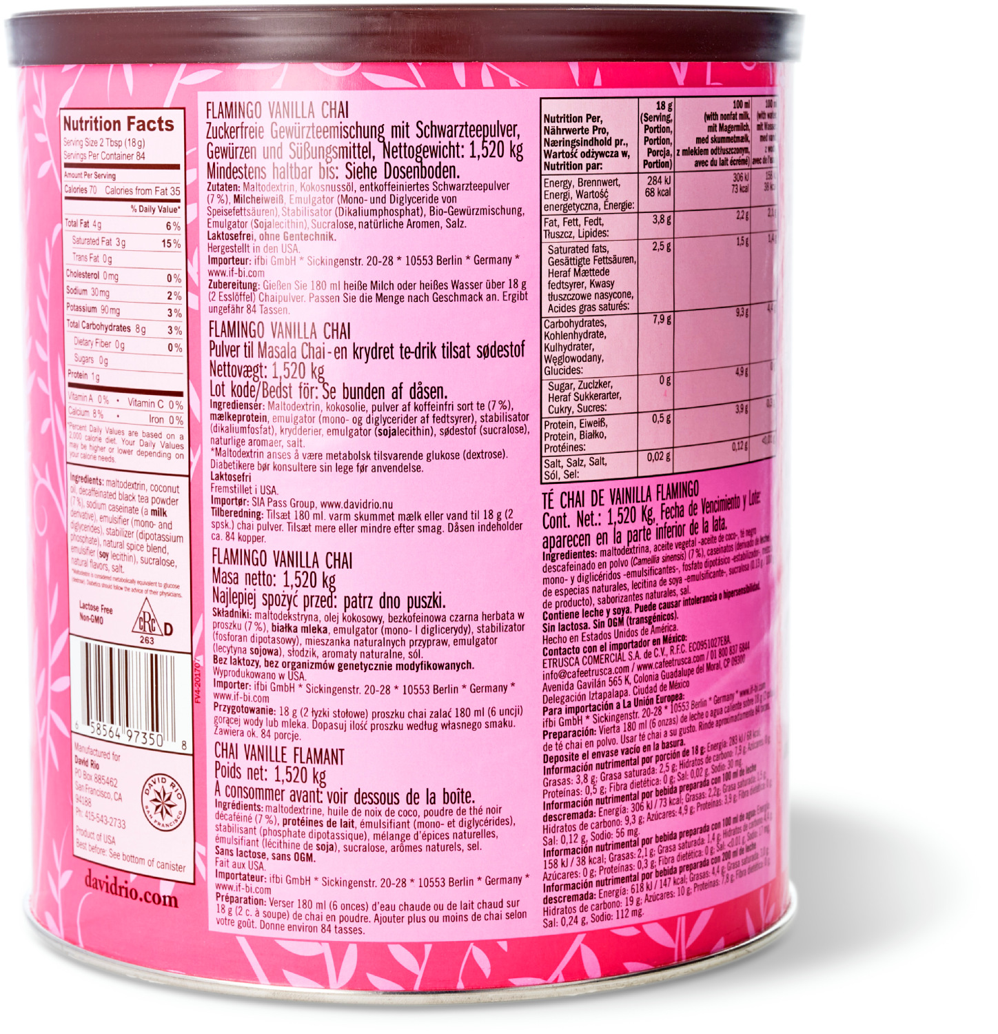 David Rio - Flamingo Vanilla decaf Chai - Dose (1520 g)