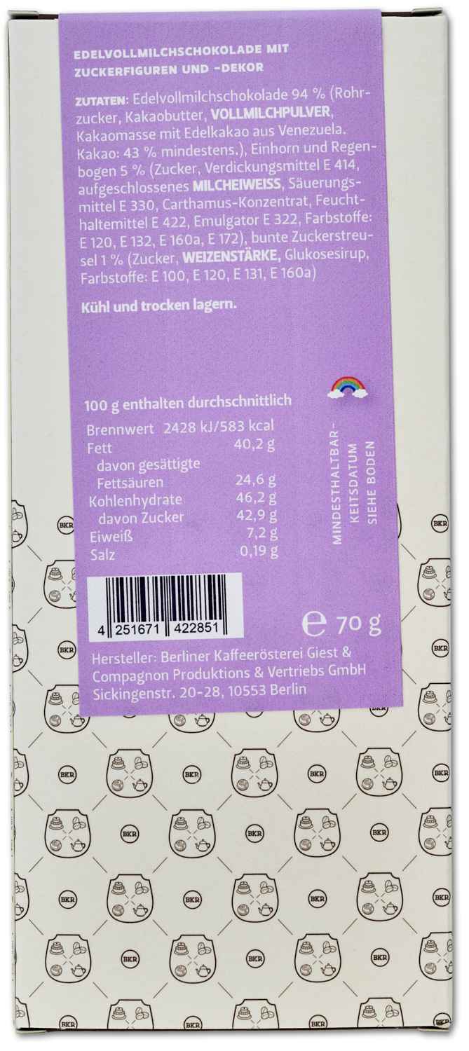 "Einhornelli" mit Einhorn, Regenbogen und bunten Streuseln (Vollmilch) "Einhornelli" mit Einhorn, Regenbogen und bunten Streuseln (Vollmilch)