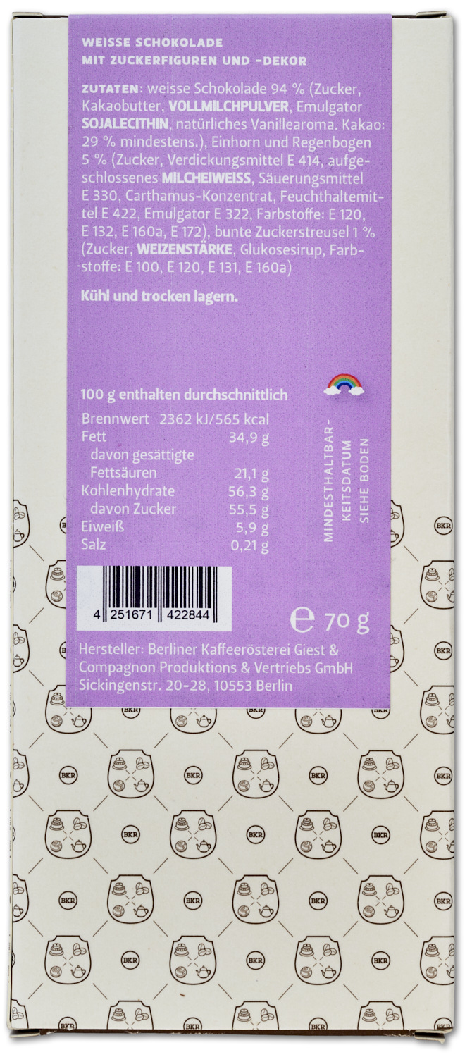 "Einhornelli" mit Einhorn, Regenbogen und bunten Streuseln (weiss) "Einhornelli" mit Einhorn, Regenbogen und bunten Streuseln (weiss)