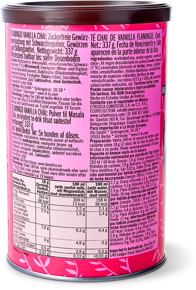 David Rio - Flamingo Vanilla decaf Chai - Dose (337 g) David Rio - Flamingo Vanilla decaf Chai - Dose (337 g)