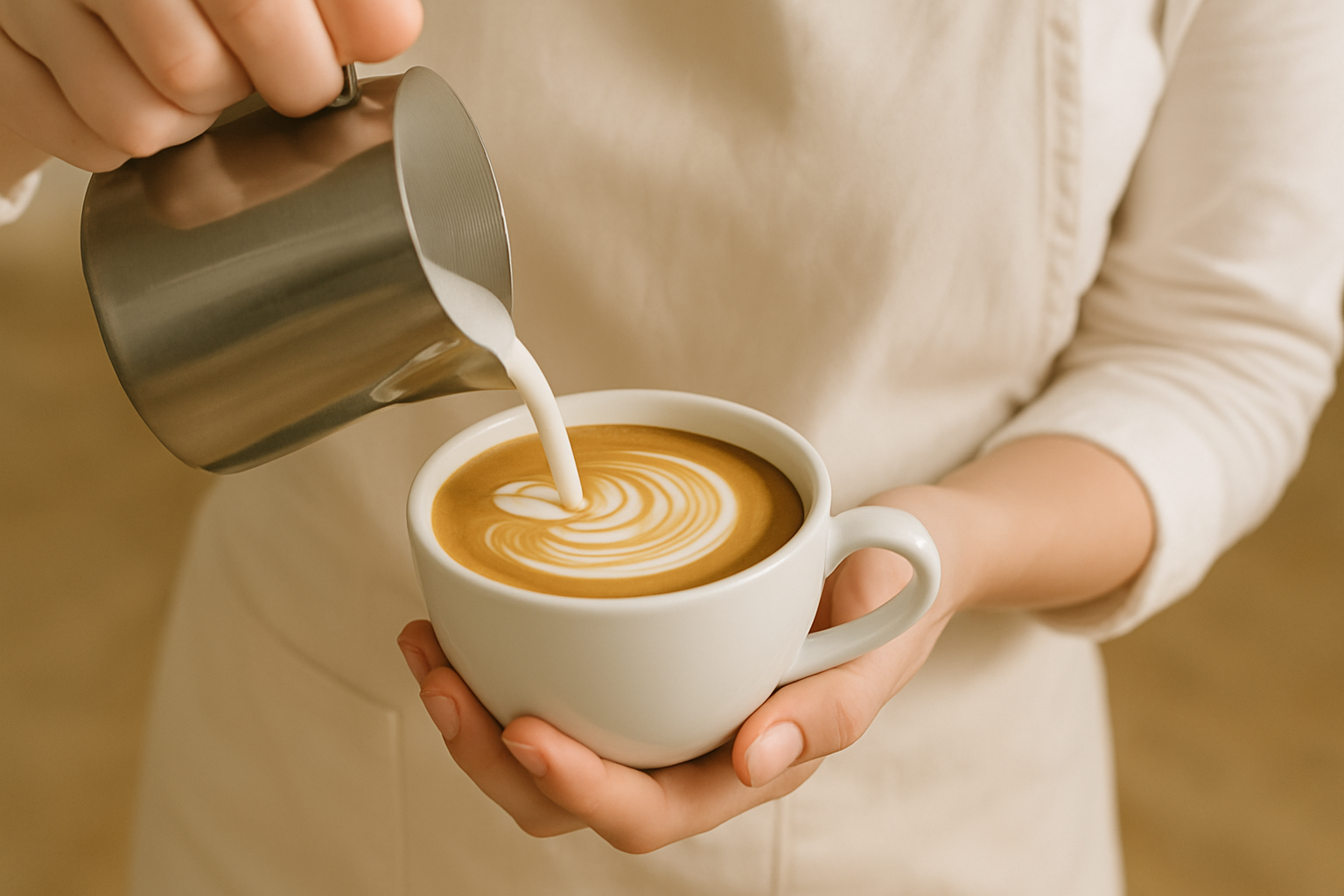 Latte Art mit Milchklännchen und Cappuccino