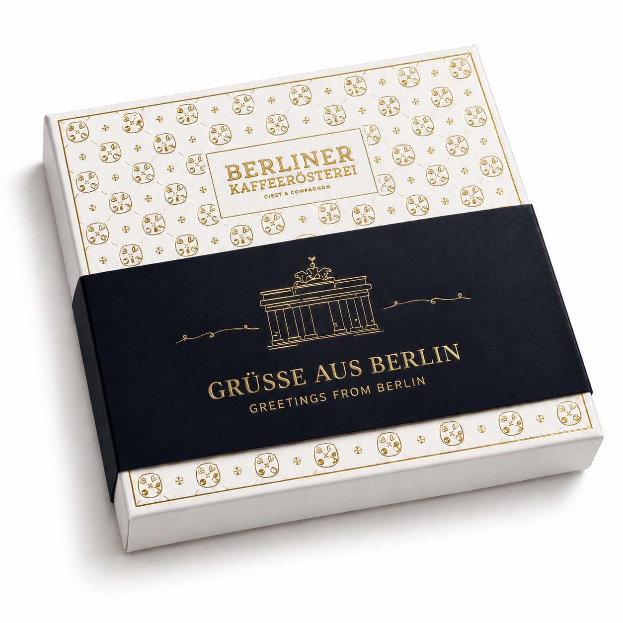 Berliner Kostbarkeiten - 16er Pralinenbox mit Goldprägung und Banderole Grüße aus Berlin