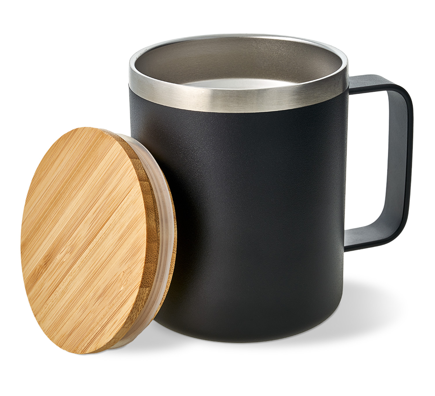 Edelstahl-Thermotasse Große Pause - schwarz mit Bambusdeckel, 330ml Edelstahl-Thermotasse Große Pause - schwarz mit Bambusdeckel, 330ml