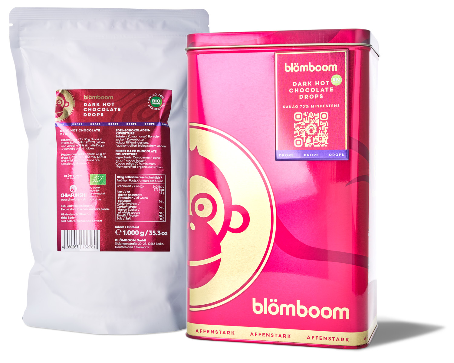 Blömboom - Metalldose + Refillbeutel und Magnet "Dark Hot Chocolate Drops BIO 1k...