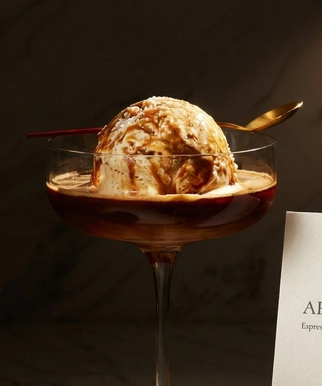 Affogato in Cocktailglas mit Schokoladensauce und elegantem Löffel