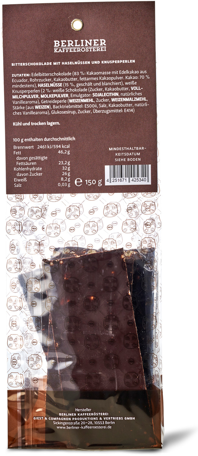 BKR - Edelbitter-Bruchschokolade mit Haselnüssen und Knusperperlen BKR - Edelbitter-Bruchschokolade mit Haselnüssen und Knusperperlen