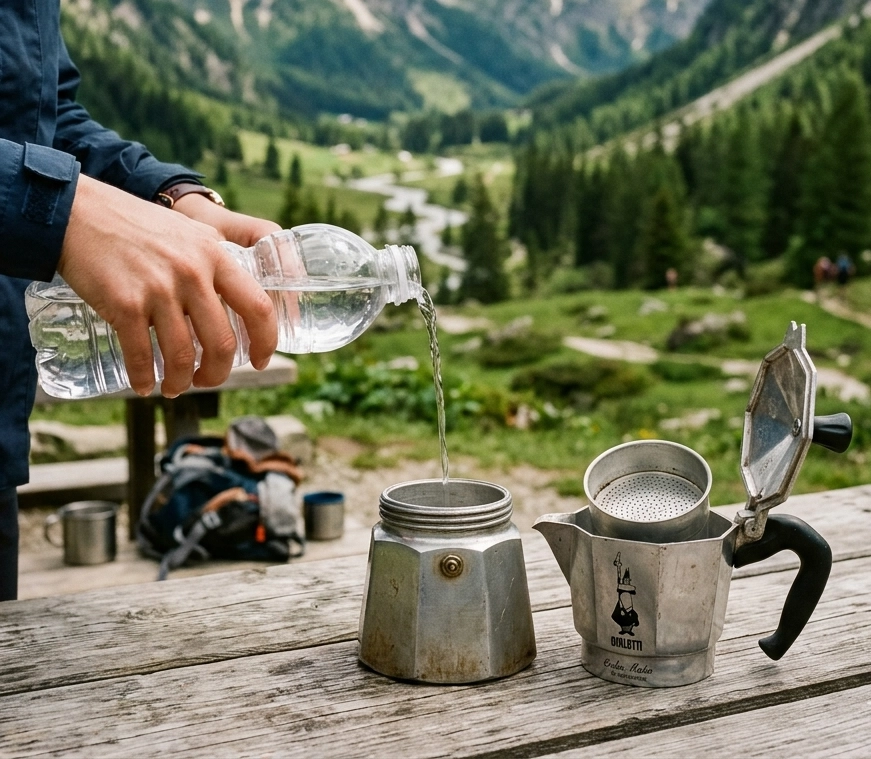 Eine Person gießt Wasser aus einer Plastikflasche in eine geöffnete Espressokanne auf einem Holztisch, vor einer alpinen Berglandschaft mit grünen Tälern und schneebedeckten Gipfeln.