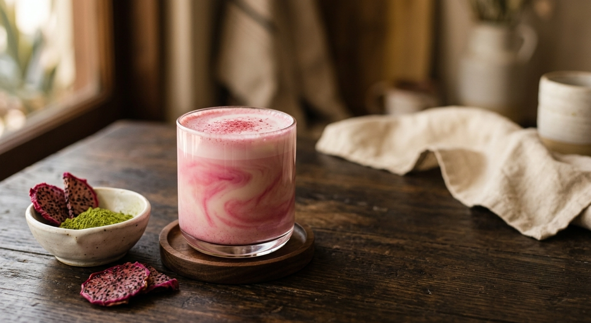 pink Matcha im Glas neben dem grünen pink Matcha Pulver - Hintergrund