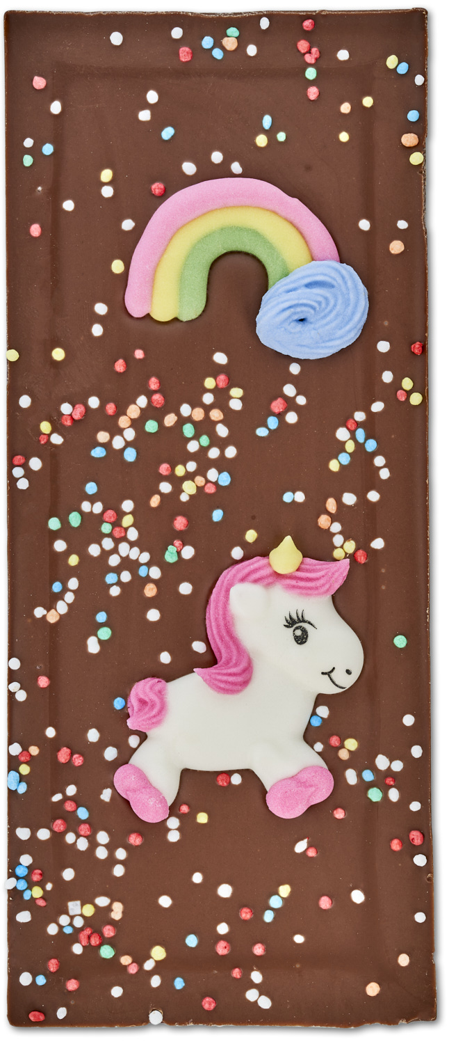 "Einhornelli" mit Einhorn, Regenbogen und bunten Streuseln (Vollmilch) "Einhornelli" mit Einhorn, Regenbogen und bunten Streuseln (Vollmilch)
