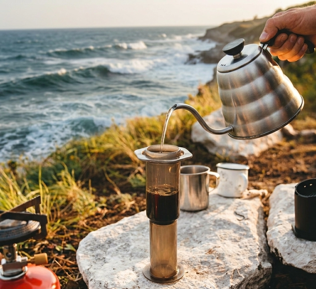 Eine Hand gießt heißes Wasser aus einem Metall-Wasserkocher in eine AeroPress-Kaffeepresse, die auf einem Stein an einer windigen Küste steht, während im Hintergrund Wellen ans Ufer schlagen.