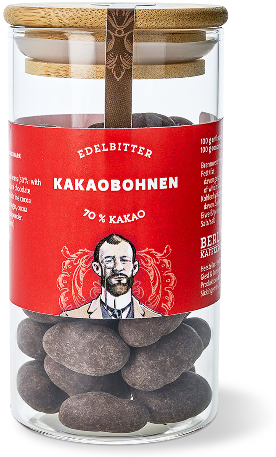 Kakao - ganze Kakaobohnen in Edelbitterschokolade 70 % Kakao - ganze Kakaobohnen in Edelbitterschokolade 70 %