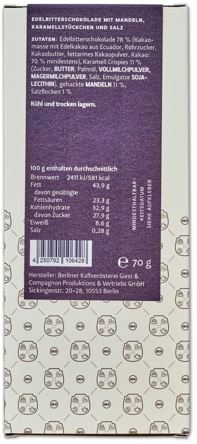 Tafel - Mandel Karamell Salzblüte - Zartbitter - Nr. 18 Tafel - Mandel Karamell Salzblüte - Zartbitter - Nr. 18