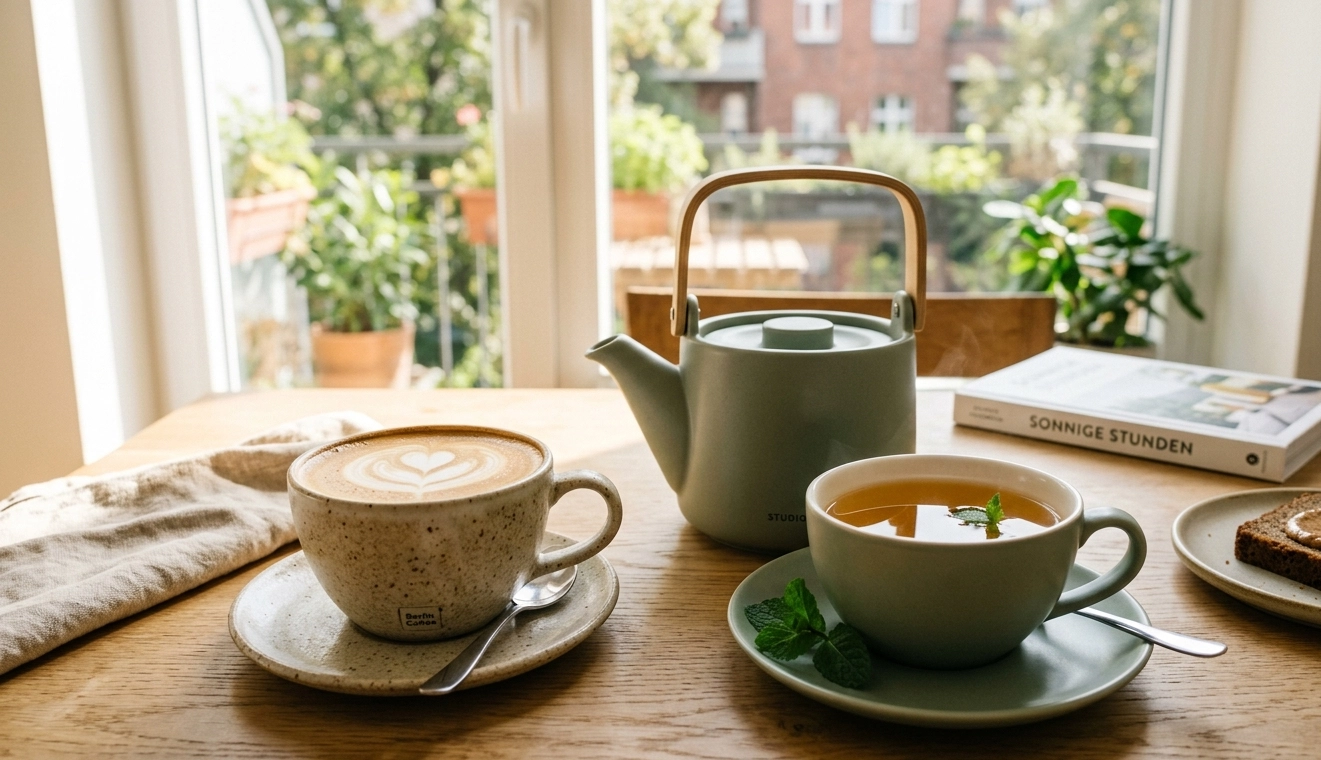 Latte mit Latte Art und eine Tasse grüner Tee mit frischer Minze neben einer salbeigrünen Teekanne auf einem Holztisch, helles Fensterlicht, Zimmerpflanzen im Hintergrund