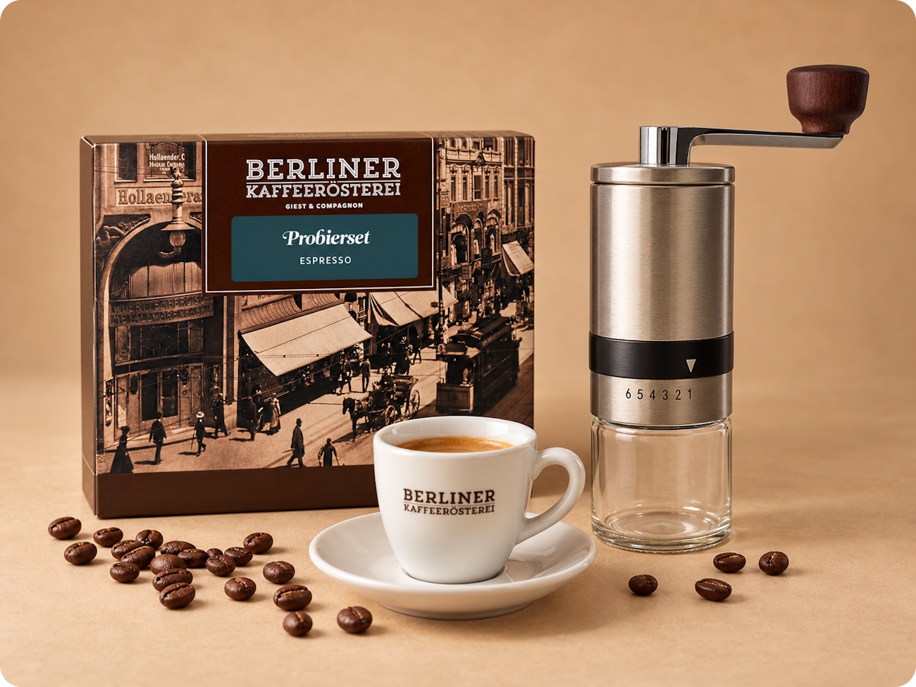 Probierset Espresso (8x75g / ganze Bohne) + Kaffee-Handmühle Äthiopien