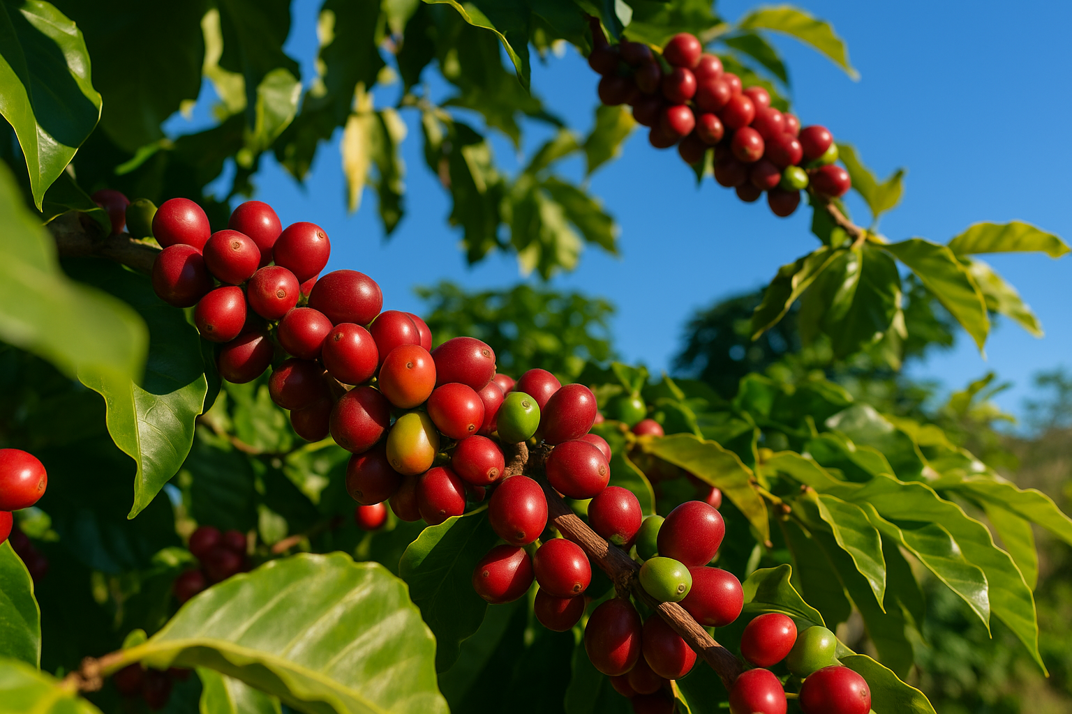Reife Kaffeekirschen am Baum