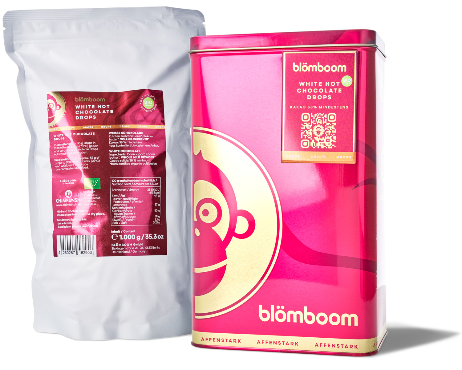 Blömboom - Metalldose + Refillbeutel und Magnet "White Hot Chocolate Drops BIO 1...