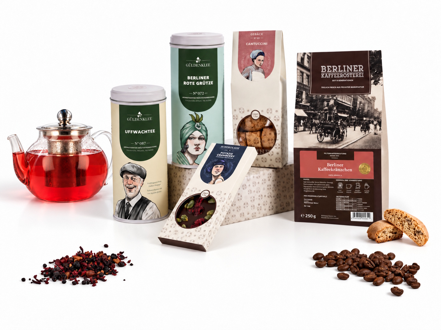 Geschenkset - Berliner Delikatessen mit Kaffee, Tee, Teekanne, Schokolade und Gebäck