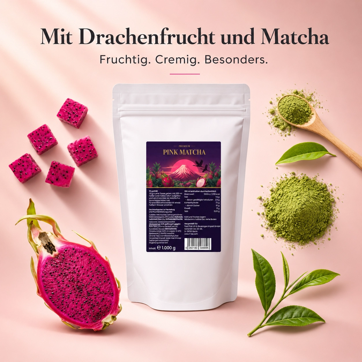 Pink Matcha Beutel mit Drachenfrucht und Matcha Pulver