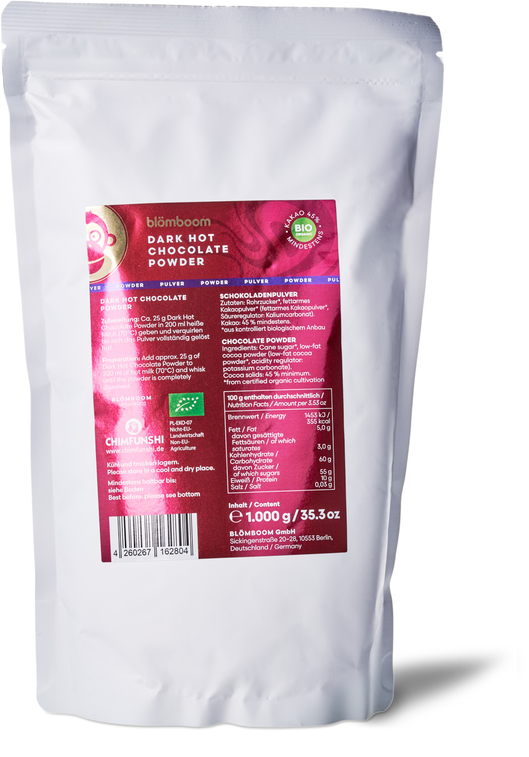 Blömboom - Metalldose + Refillbeutel und Magnet "Dark Hot Chocolate Powder BIO 1kg"