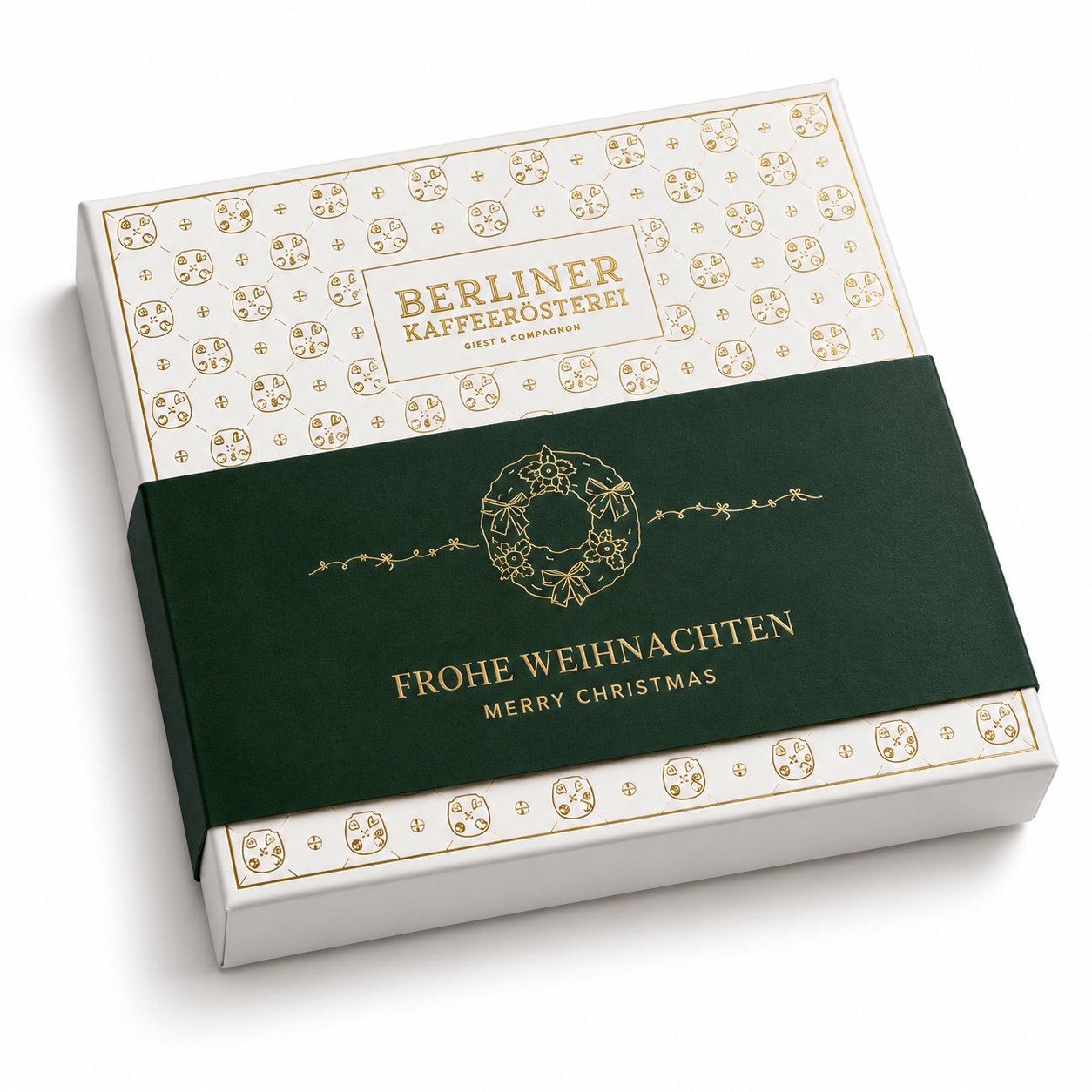 Berliner Kostbarkeiten - 16er Pralinenbox mit Goldprägung und Banderole Frohe Weihnachten