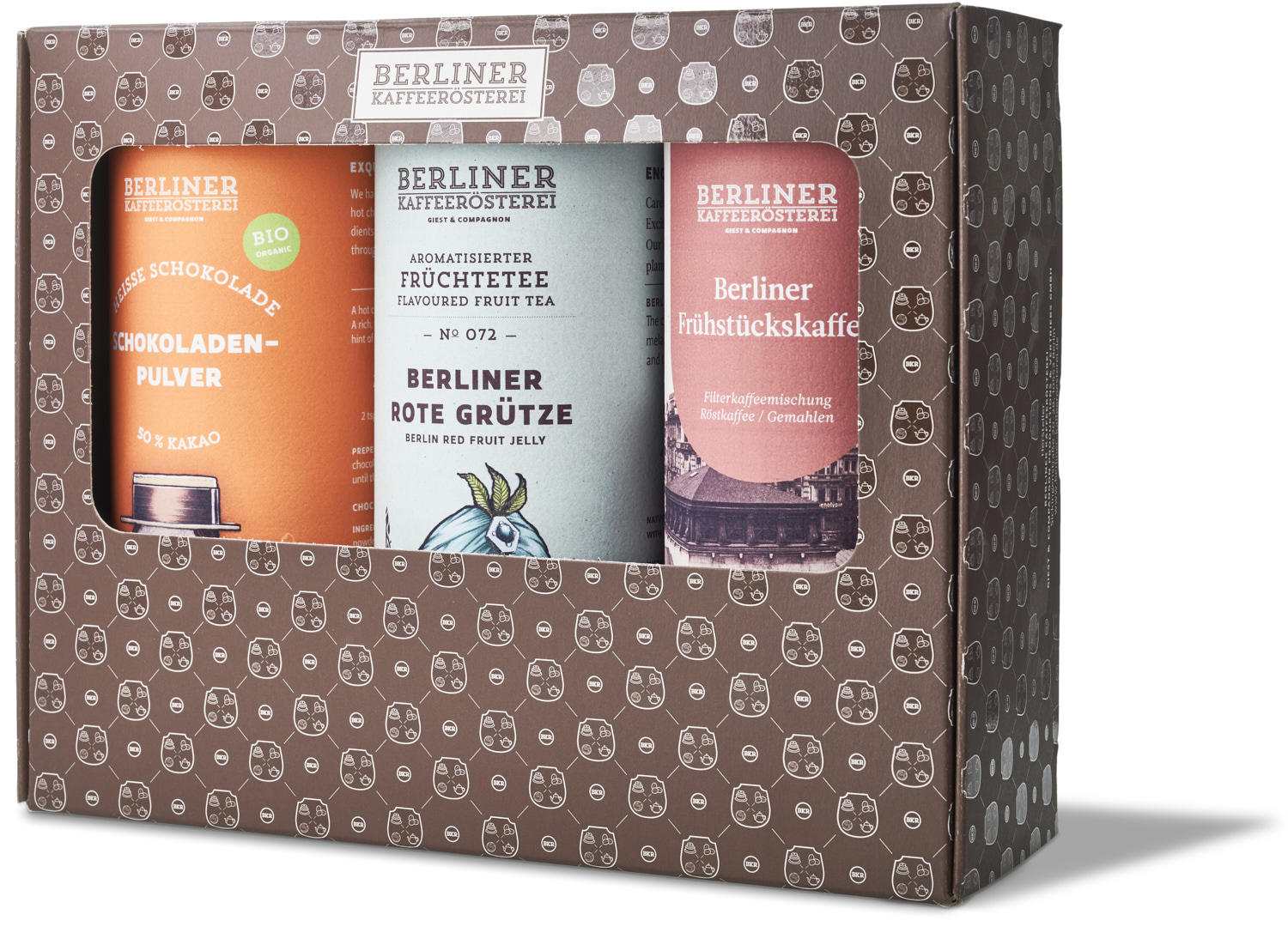 Ihr eigenes Wunsch-Set: 1 Dose heiße Schokolade & 2 Dosen Kaffee oder Tee nach Wahl inkl. Karton