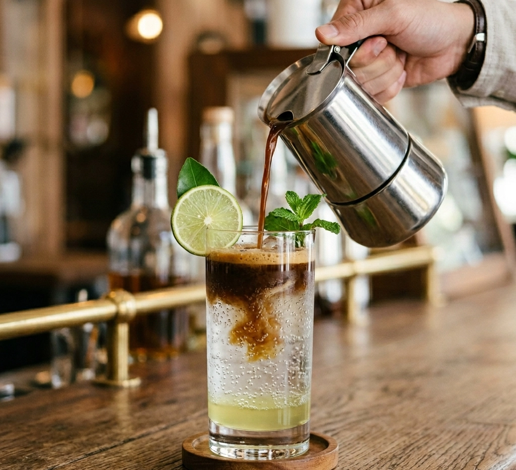 Barista gießt Espresso aus einer Metallkanne in ein hohes Glas mit Eiswürfeln, Limettenscheibe und Minze auf Holzuntersetzer, im Hintergrund eine Bar mit Golddetails und Sirupflaschen.