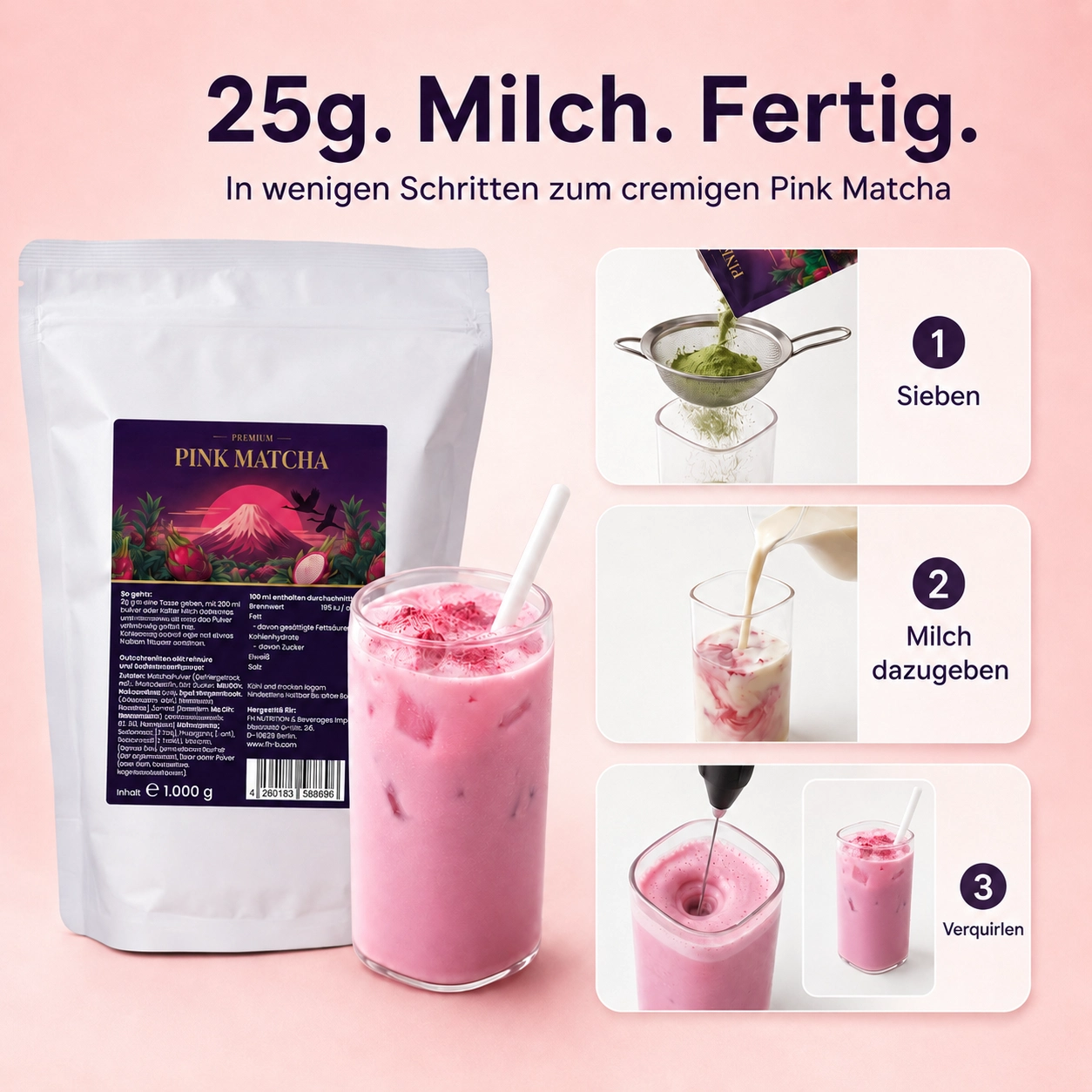 Anleitung bildlich dargestellt für die Zubereitung eines pink Matchas im Glas