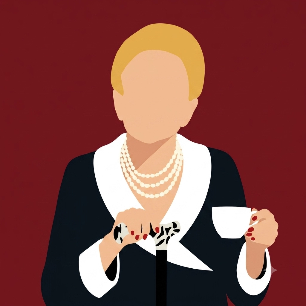 Stilisierte minimalistische Illustration von Erna Knutsen mit blondem Haar, Perlenkette und dunklem Blazer. Sie hält eine weiße Kaffeetasse in der Hand und sitzt vor einem roten Hintergrund