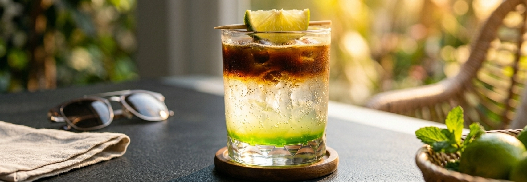 Sparkling Lime Americano im Glas mit Eiswürfeln, Espresso-Schicht und Limettenspalte auf Holzuntersetzer, auf einem Tisch im Freien mit Sonnenbrille und Minze im Hintergrund, warmes Gegenlicht. - Hintergrund