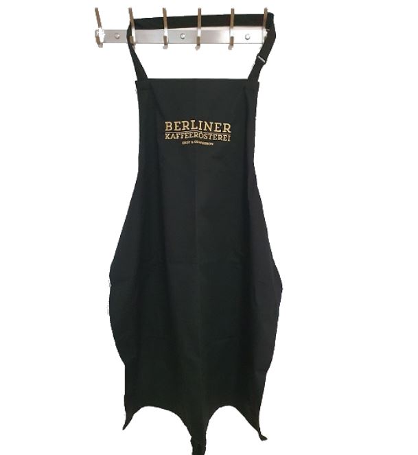 Barista-Schürze mit Latz - uni schwarz/goldenes Logo Berliner Kaffeerösterei Barista-Schürze mit Latz - uni schwarz/goldenes Logo Berliner Kaffeerösterei